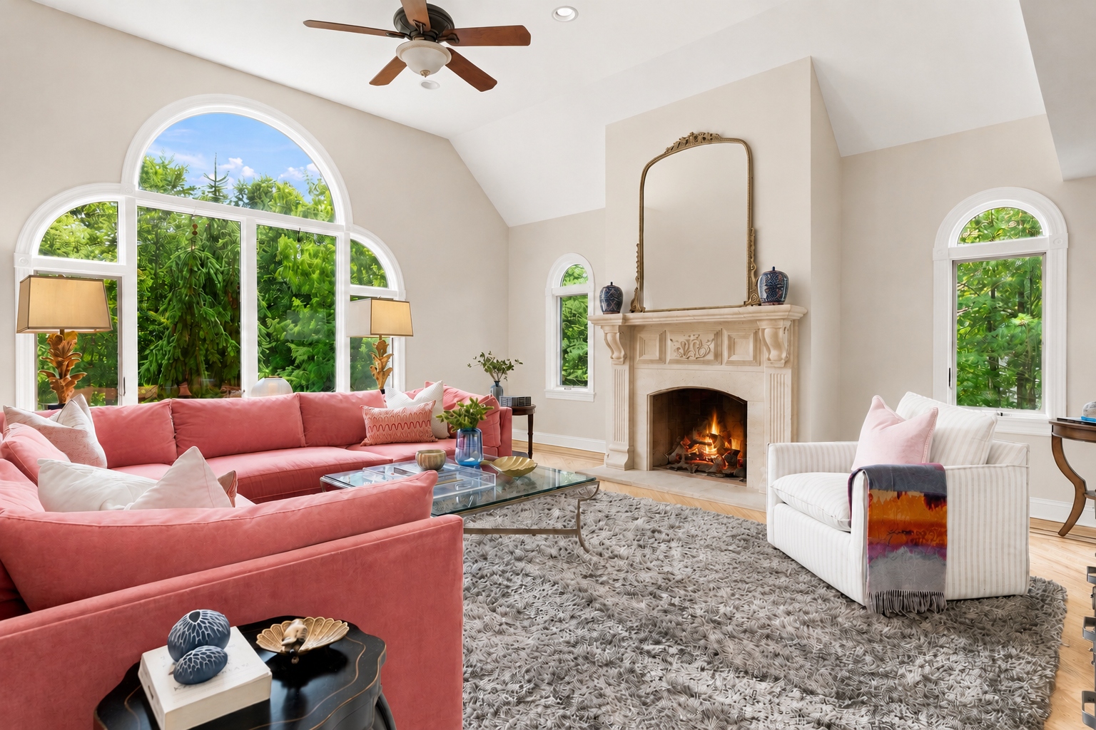 Great room with marble fireplace and vaulted, sunlit ceiling at 285 Hartshorn Drive, Short Hills